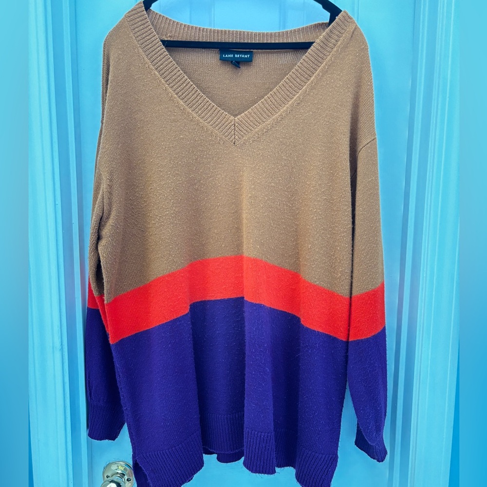 Lane Bryant V-Neck Sweater with Camel, Orange and Purple Stripes